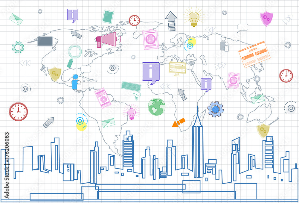 Aufkleber social media communication internet network connection over city skyscraper view cityscape and world
