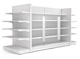 Supermarket shelves with advertising stoppers. 3d illustration. Isolated on white