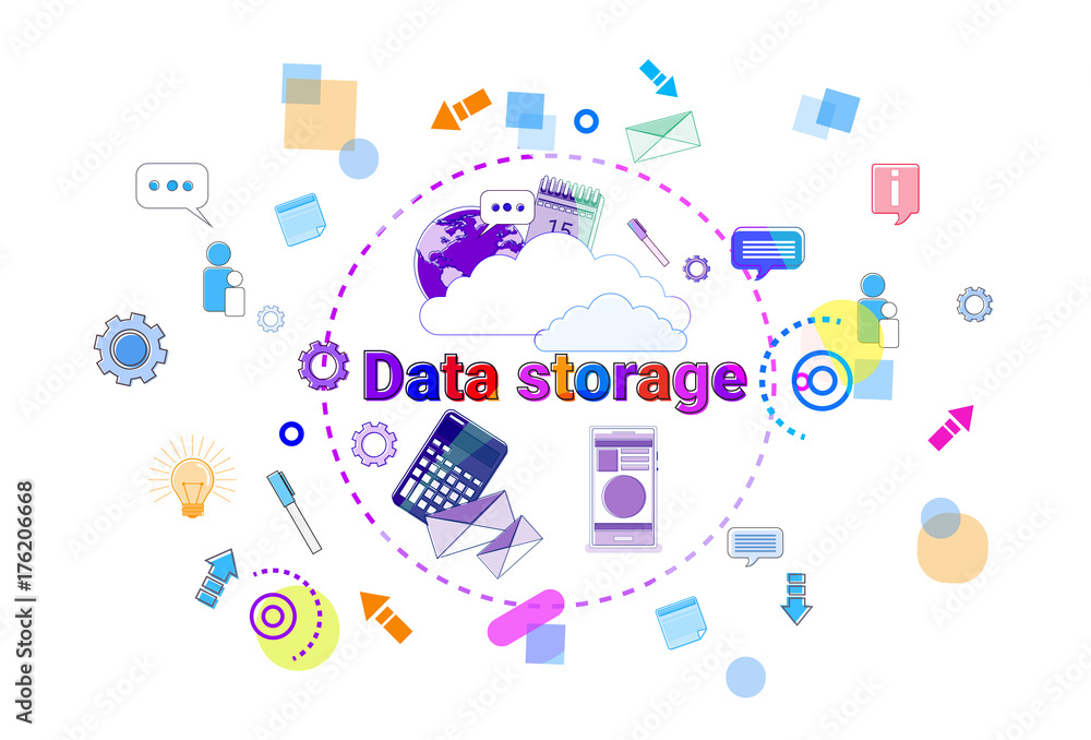 Poster data storage center hosting server computer device information database technology banner vector ill