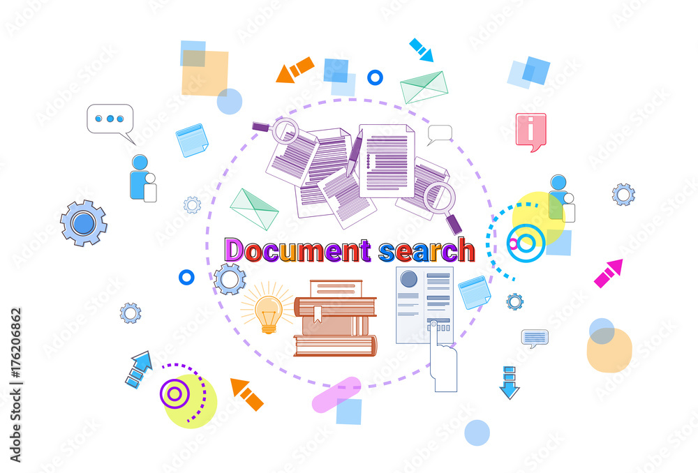 Poster document search banner computer files data research internet concept vector illustration
