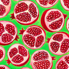 Pomegranate slices pattern on green background painted with acrylics on paper.