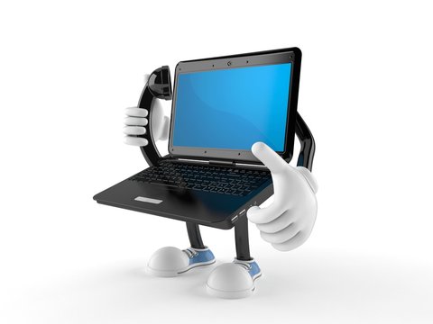Laptop character holding a telephone handset