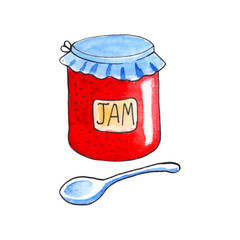 Jam and spoon by watercolors on white background, Strawberry jam in glass can with textile cap.