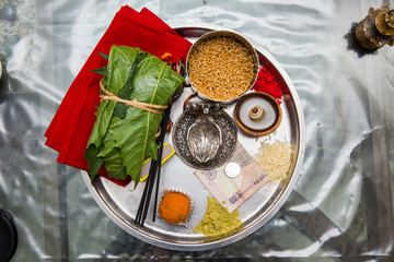 Beautifully decorated Pooja Thali for Indian festival Karva Chauth and Diwali or Deepavali Laxmi Poojan