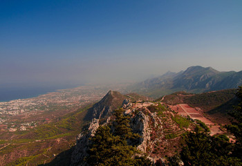 Fototapeta na wymiar Panorama of Northen Cyprus from the top of Saint Hilarion Castle at Kirenia Northen Cyprus