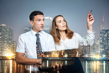 Concentrated smart coworkers looking away