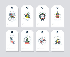 Vector linear design Christmas greetings elements on white background. Christmas tags set with typography