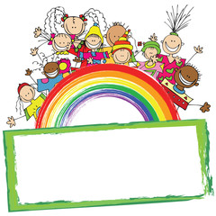 Obraz na płótnie Canvas Children and Rainbow Blank Message - happy smailing little kids friends over an empty blank banner cartoon illustration clipart 