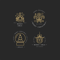 Obraz premium Vector linear design Christmas greetings elements on white background. Typography ang icon for Xmas cards, banners or posters and other printables