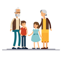 Grandparents with grandchildren vector flat design illustration. Relatives standing together. Grandmother, grandfather and siblings.