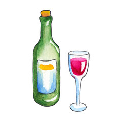 Wine bottle and glass by watercolors on white background. Wine drinking handdrawn illustration.