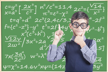 Education concept with funny smart school boy in front of a chalkboard
