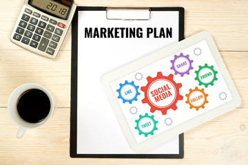 marketing plan with social media icons, business concept with gears