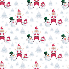 Christmas seamless pattern with the image of Santa Claus and snowmen in cartoon style. Vector colorful background