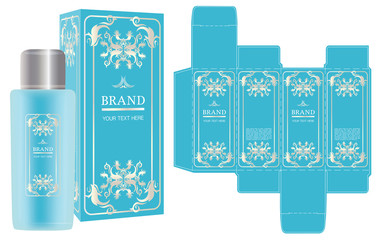 Label on packaging container with luxury box design template and mockup box. Vector illustration.