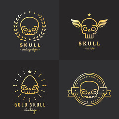 Skulls outline gold logo vector set. Part one.
