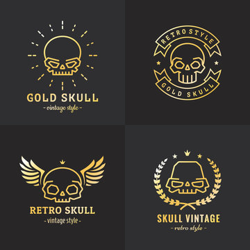 Skulls outline gold logo vector set. Part two.