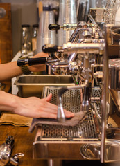 coffee machines in coffee shop, cleaning the coffee machine