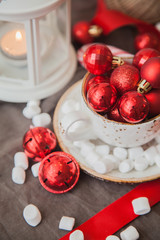 Red Christmas balls. Christmas still life