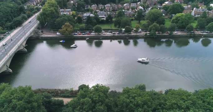 Aerial view of a bridge and a lock onthe river Thames in West London