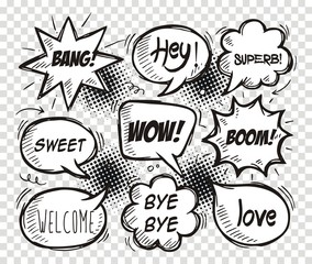 Set of comic speech bubbles with dialog words: bang,hey,sweet,love,welcome. Vector illustration.