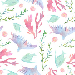 Fototapeta na wymiar Watercolor underwater pattern with rotala pink rhodophyta seashell purple actiniaria and green butterfly fish on white background