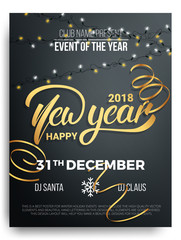 New Year party poster design. Background of New Year lettering, christmas lights and curly gold gift ribbons
