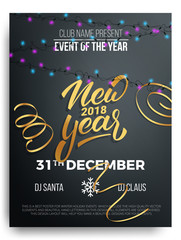 New Year party. Background of New Year lettering, christmas lights and curly gold gift ribbons