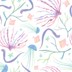 Watercolor underwater pattern with red antigonia fish blue medusa pink sea lily enteromorpha black coral and green starfish on white background