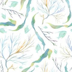 Watercolor underwater pattern with green butterfly fish laminaria colorful ceramium and black coral on white background