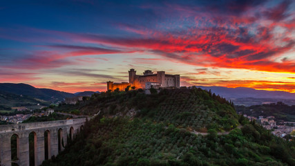 Stunning sunset over the castle in Spoleto, Italy, Umbria