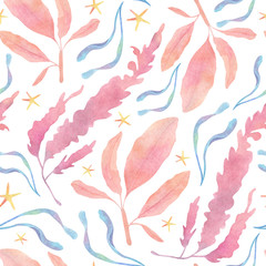 Watercolor underwater pattern with red phyllophora delesseria blue enteromorpha and yellow starfish on white background