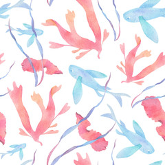 Watercolor underwater pattern with red porphyra rhodophyta blue vallisneria spiralis and flying fish on white background