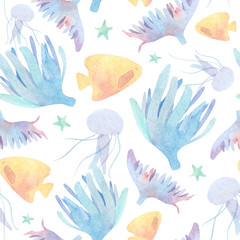 Watercolor underwater pattern with blue medusa actiniaria green starfish and yellow butterfly fish on white background