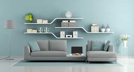 Blue and gray minimalist lounge