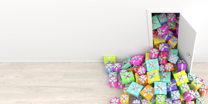 Infinite gift boxes getting out of a door, original 3d rendering.