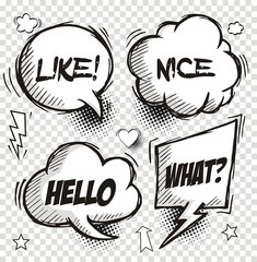 Set of comic speech bubbles with dialog words: hello,nice,like,what . Vector illustration.