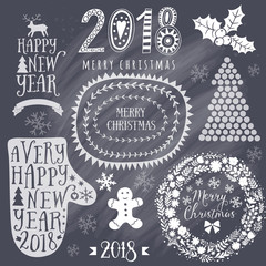 Merry Christmas And Happy New Year Calligraphic, mitten, wreath, frames, 2018 handmade sign. Christmas set - labels, emblems and other decorative elements