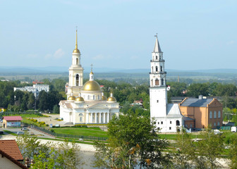 Fototapeta na wymiar Nevyansk inclined tower. Spaso-Preobrazhenskiy temple. Middle Urals. Sverdlovsk oblast.