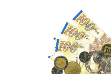 some israeli 100 new shekel bank notes and coins
