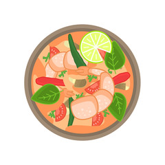 Flat vector thai shrimp sour soup tom yum khung or goong. Traditional asian dish for restaurant menu or advertisement design