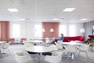 Architect working at table in dining hall