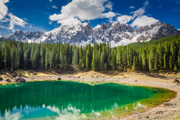 Obraz na płótnie Canvas Stunning mountain Carezza lake in Dolomites, Italy, Europe