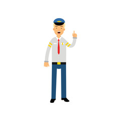 Airline pilot in uniform standing with open mouth and pointing finger up vector Illustration