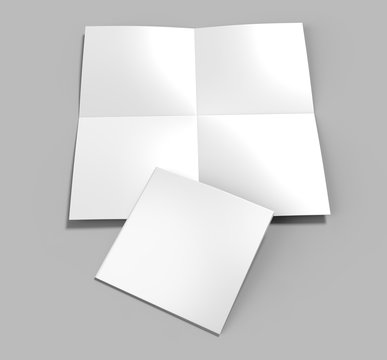 French fold square brochure flyer leaflet for mock up and template design. Blank white 3d render illustration.