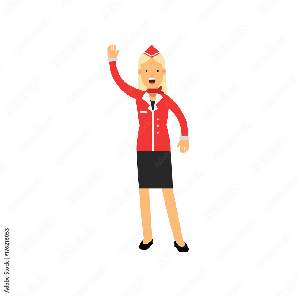 Poster stewardess in red uniform standing with open mouth and gesturing vector illustration