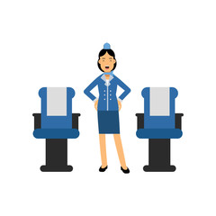 Obraz premium Stewardess in red uniform standing inside an airliner passenger cabin and gesturing vector Illustration