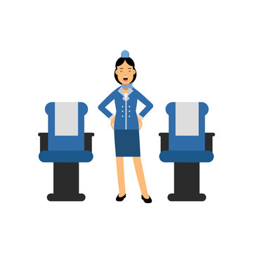 Stewardess in red uniform standing inside an airliner passenger cabin and gesturing vector Illustration