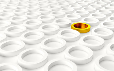 Abstact white modern architecture background with white circles and one gold on the wall. 3d render