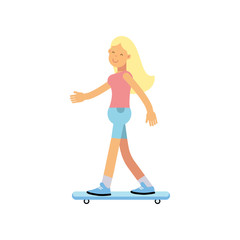 Smiling teen girl scateboarding, active lifestyle vector Illustration